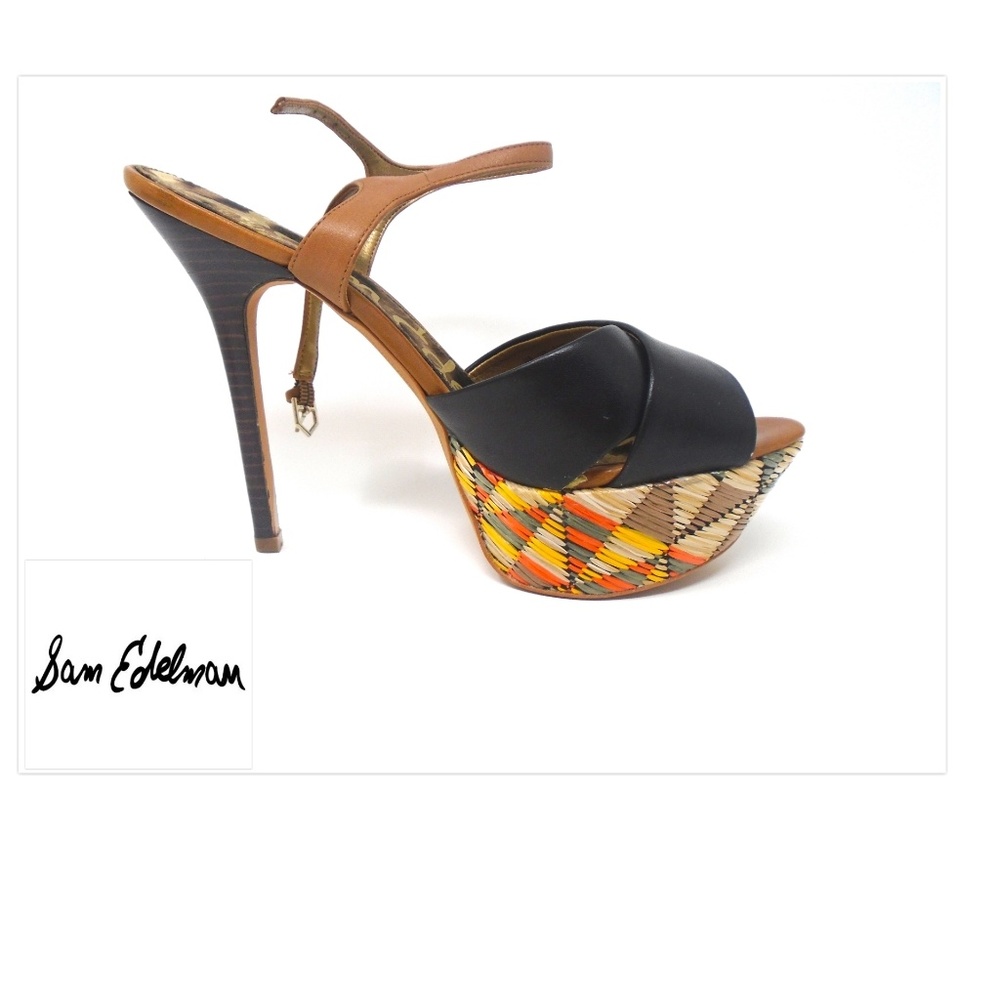SAM EDELMAN BLACK LEATHER STRAPPY WOVEN HEELS - Picture 1 of 7